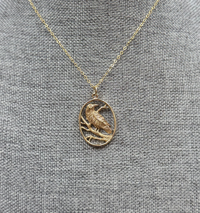 Bronze Raven Necklace with Gold Fill Chain