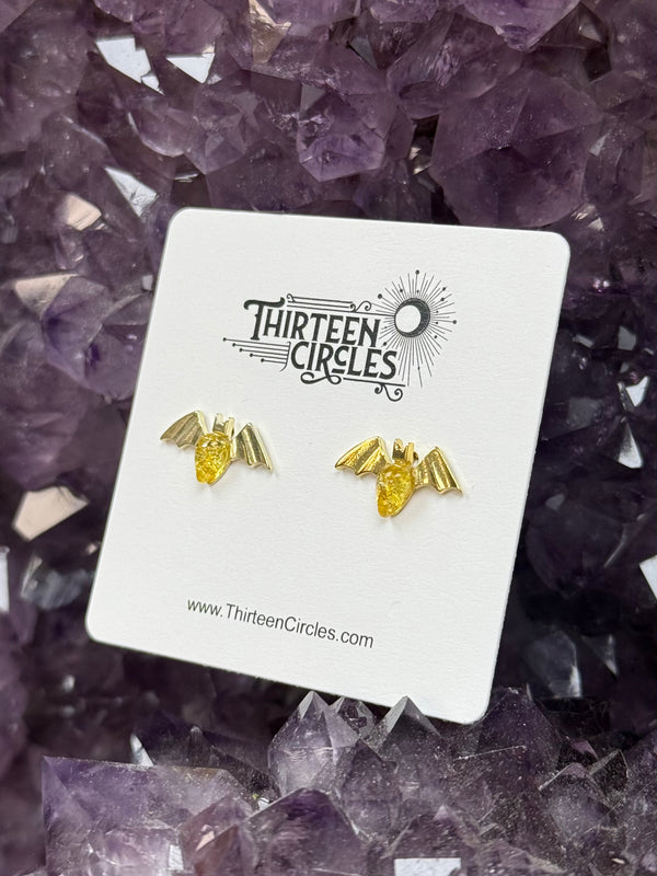 Citrine Amber 14K Gold Plated Sterling Silver Bat Stud Earrings