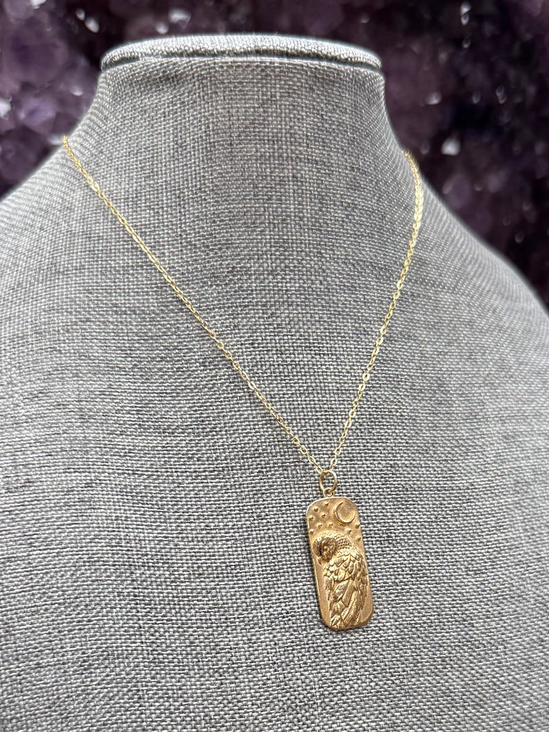 Bronze Barn Owl Necklace with Gold Fill Chain