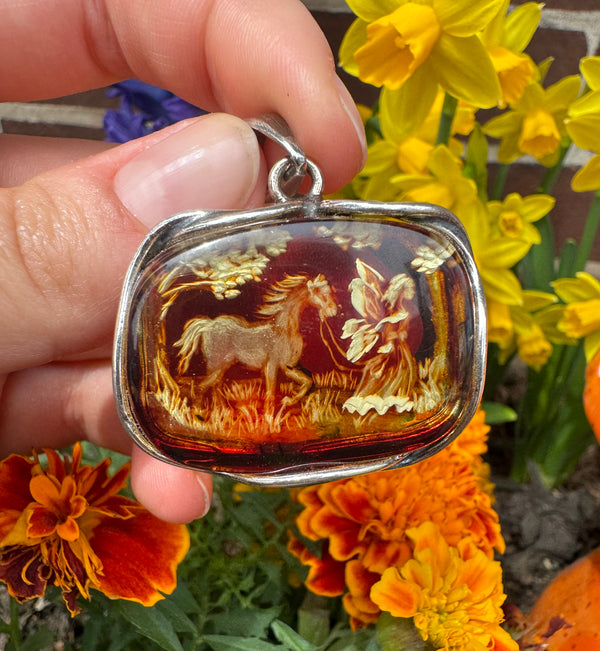 Fairy with Horse Cameo Baltic Amber Sterling Silver Pendant