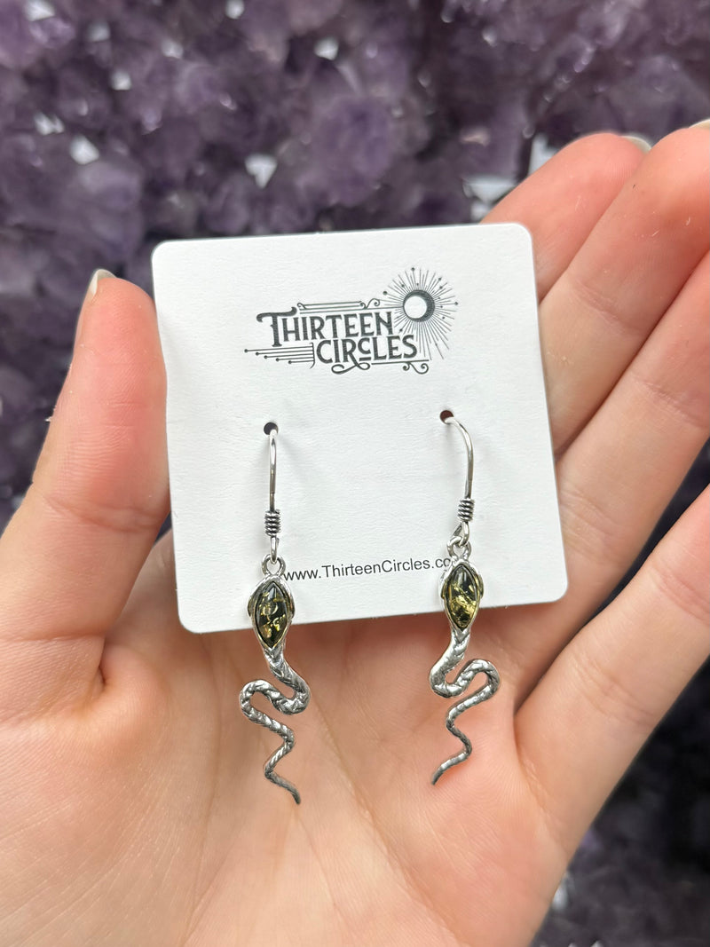 Green Amber Sterling Silver Snake Dangle Earrings