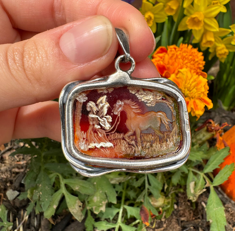 Fairy with Horse Cameo Baltic Amber Sterling Silver Pendant
