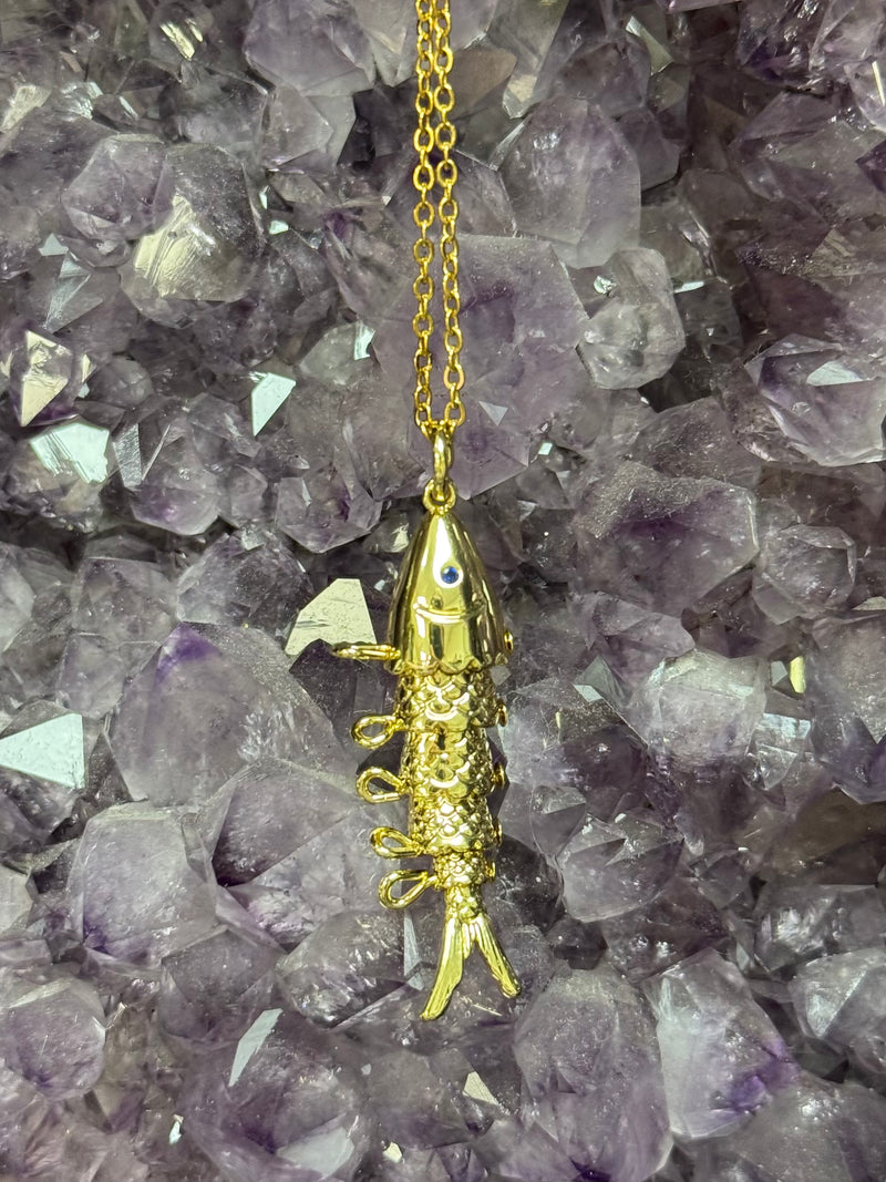 Lure- 14K Gold Steel Articulated Portuguese Fish Necklace : Large