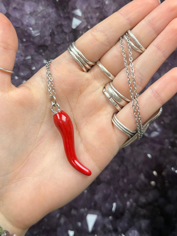 Cornicello- Italian Horn Necklace- Protection and Passion: Silver tone and Red Enamel