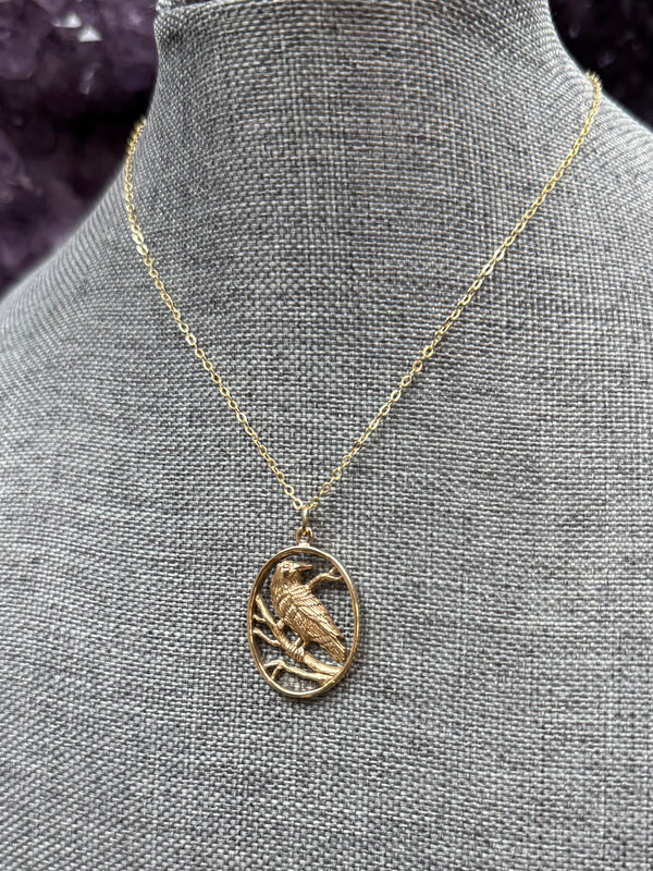 Bronze Raven Necklace with Gold Fill Chain