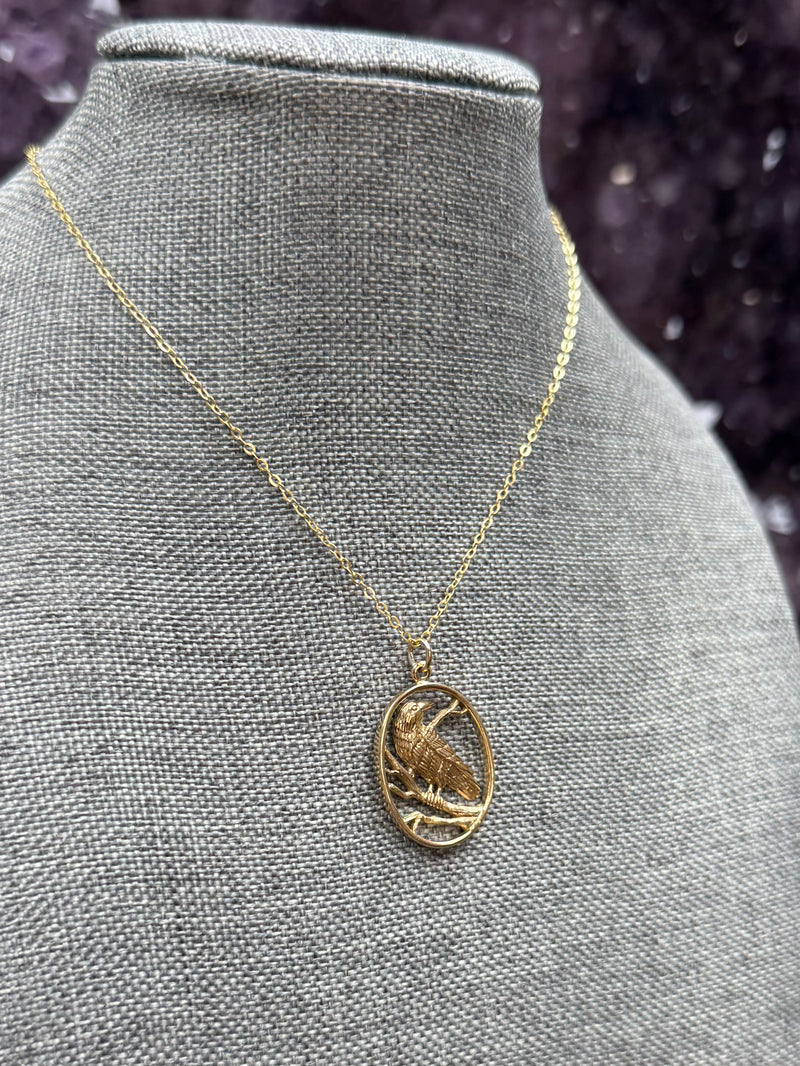 Bronze Raven Necklace with Gold Fill Chain