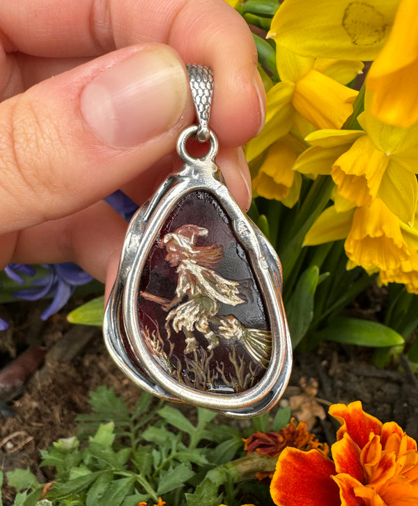 Witch Cameo Baltic Amber Sterling Silver Pendant