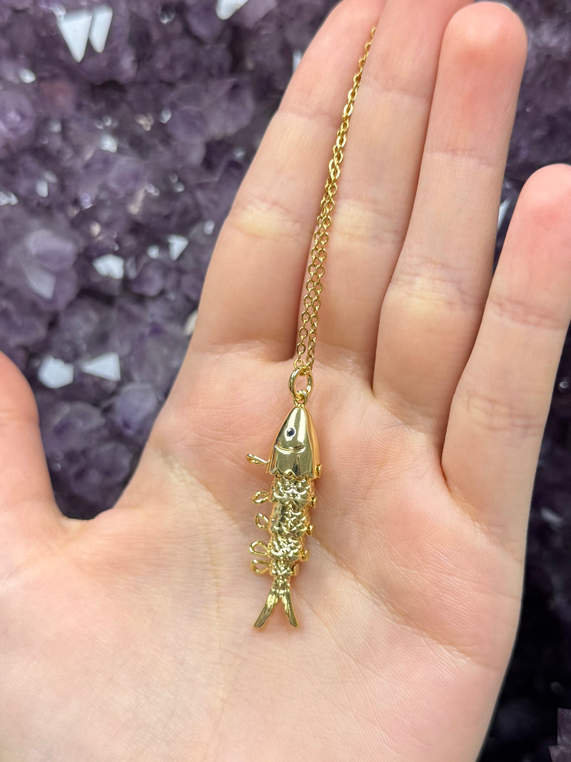 Lure- 14K Gold Steel Articulated Portuguese Fish Necklace : Large