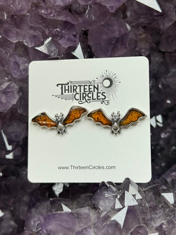Cognac Amber Small Bat Stud Earrings
