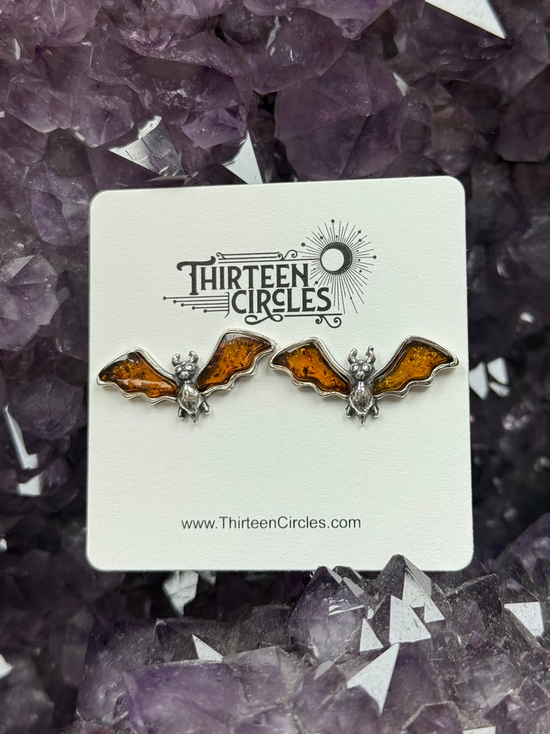 Cognac Amber Small Bat Stud Earrings