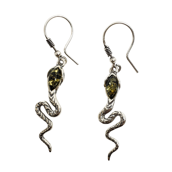 Green Amber Sterling Silver Snake Dangle Earrings