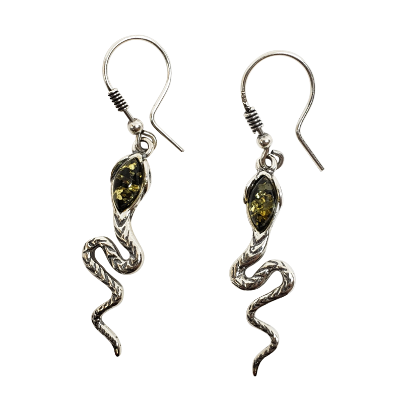 Green Amber Sterling Silver Snake Dangle Earrings