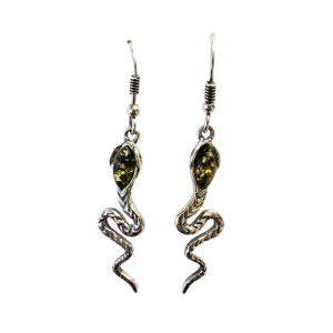 Green Amber Sterling Silver Snake Dangle Earrings