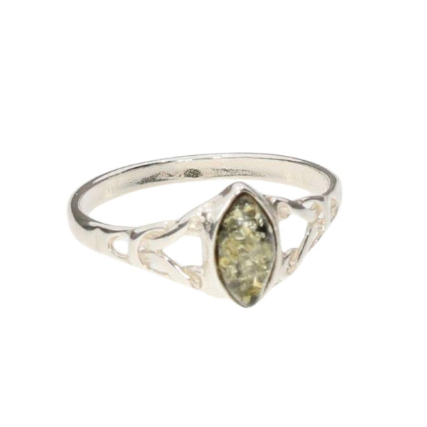 Green Amber Celtic Style Sterling Silver Ring