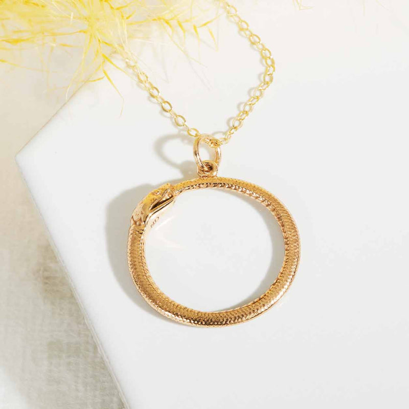 Bronze Ouroboros Snake Necklace with Gold Fill 18in Chain