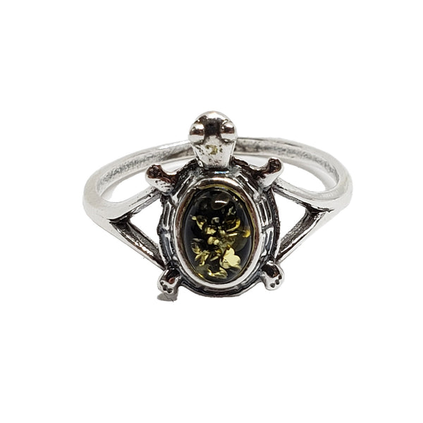Green Amber Oxidized Sterling Silver Turtle Ring