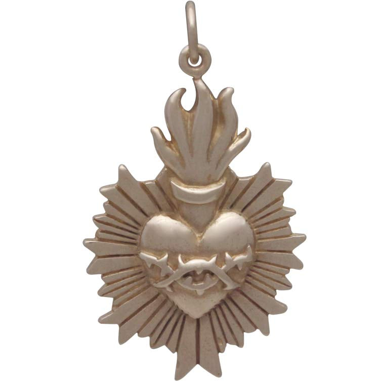 Bronze Flaming Sacred Heart Pendant with Thorns