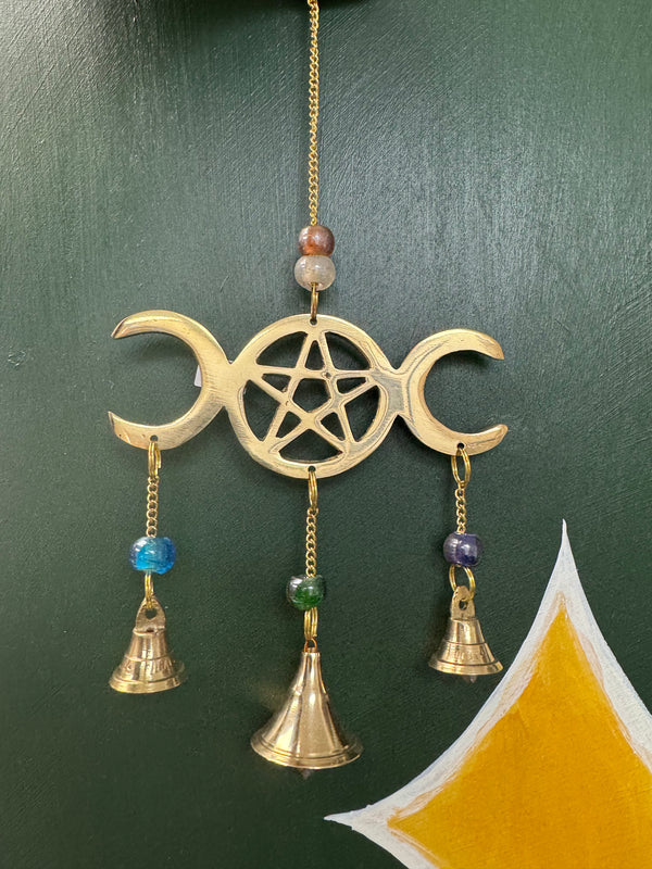 Brass Bell Wind Chime Triple Moon with Pentacle