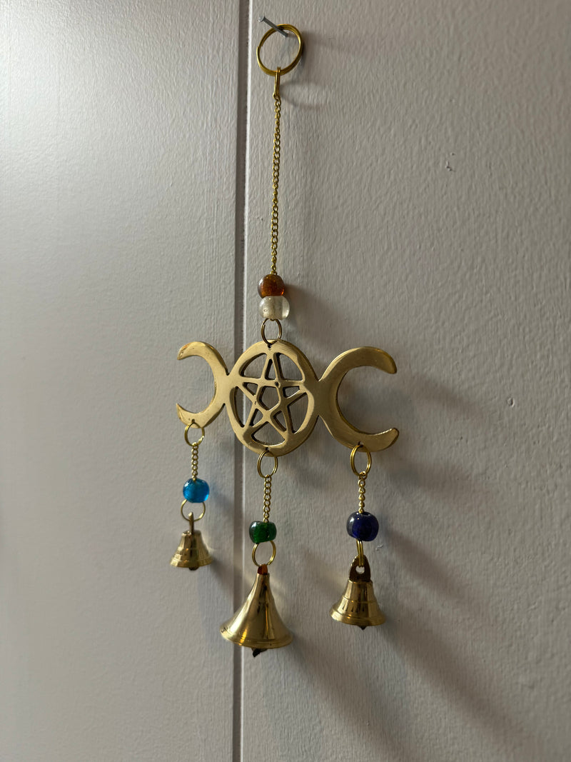 Brass Bell Wind Chime Triple Moon with Pentacle