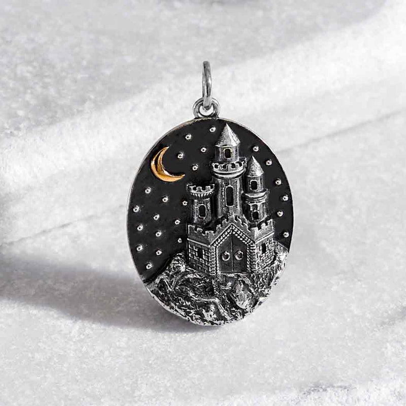 Sterling Silver Castle with Bronze Moon Charm