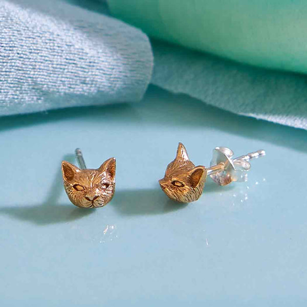 Bronze 3D Cat Head Post Earrings