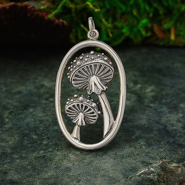 Sterling Silver Agaric Mushroom Pendant in Oval