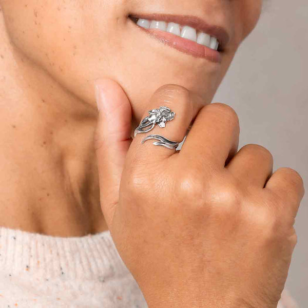 Sterling Silver Adjustable Iris Ring - February Birth Flower