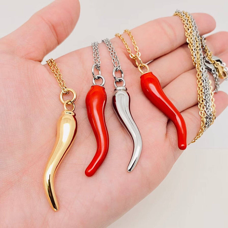 Cornicello- Italian Horn Necklace- Protection and Passion: Silver tone and Red Enamel