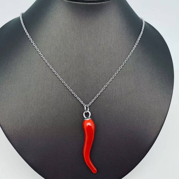 Cornicello- Italian Horn Necklace- Protection and Passion: Silver tone and Red Enamel