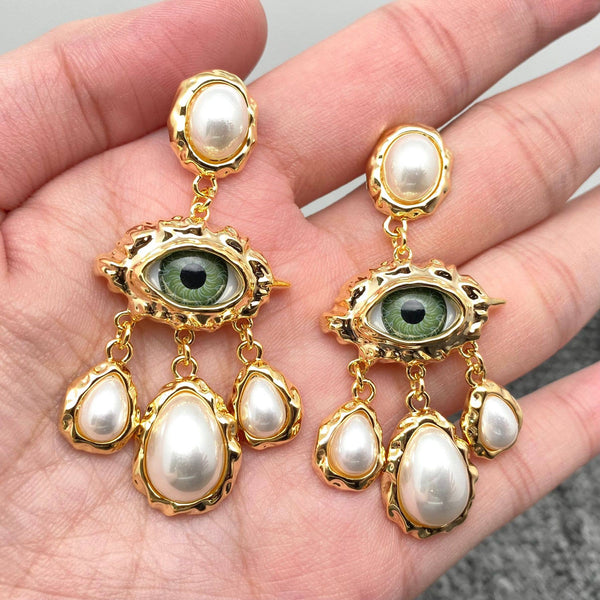 Evil Eye & Pearl Charm Dangle Earrings
