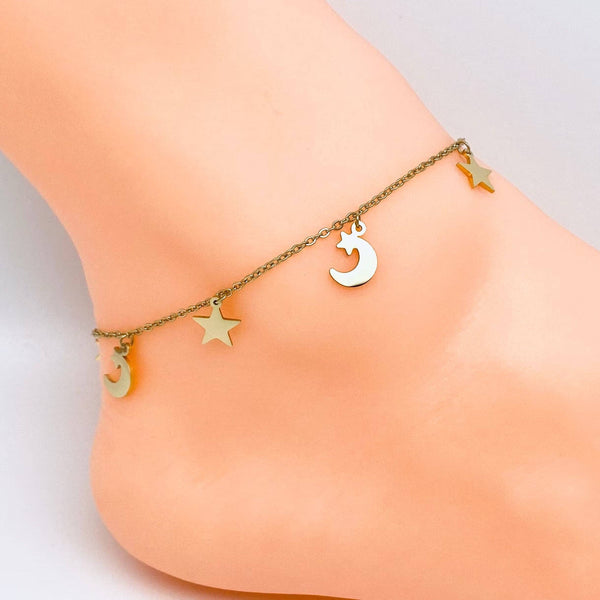 Moon & Star Dangly Stainless Steel Anklet