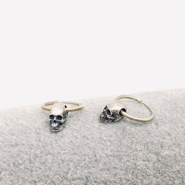 Sterling Silver Vintage Gothic Skull Huggie Hoop Earrings