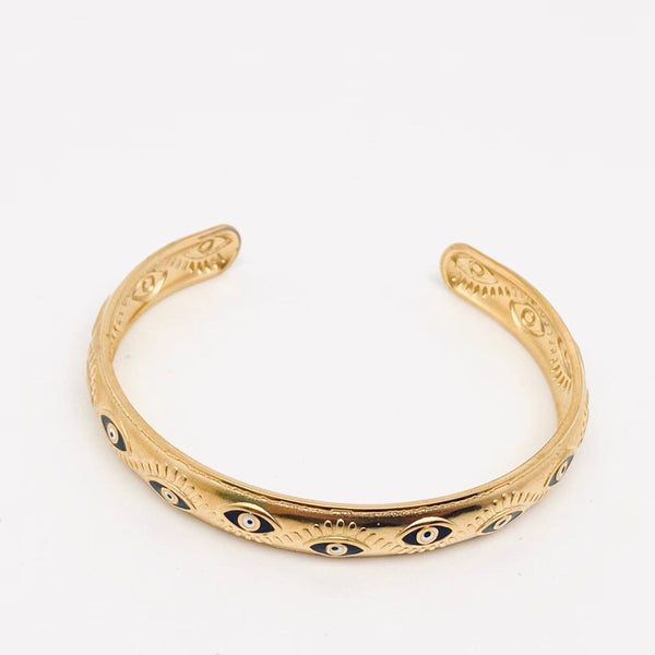 Black Evil Eye Cuff - 18k Gold Plated Steel Bangle