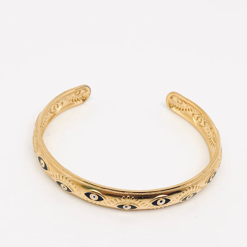 Black Evil Eye Cuff - 18k Gold Plated Steel Bangle