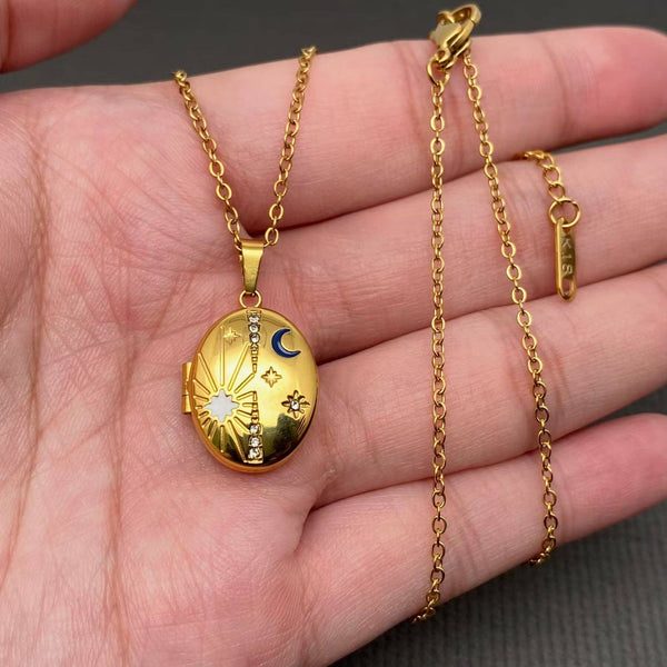 18k Gold Plate Star Moon locket charm Necklace