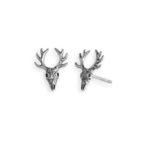 Sterling Silver Deer Skull with Antlers Post Earrings
