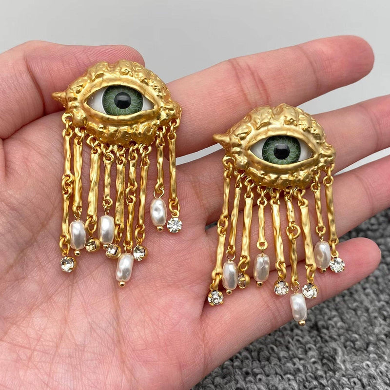 18k Gold Plated Evil Eye Pearl & CZ Metal Tassel Post Earrings
