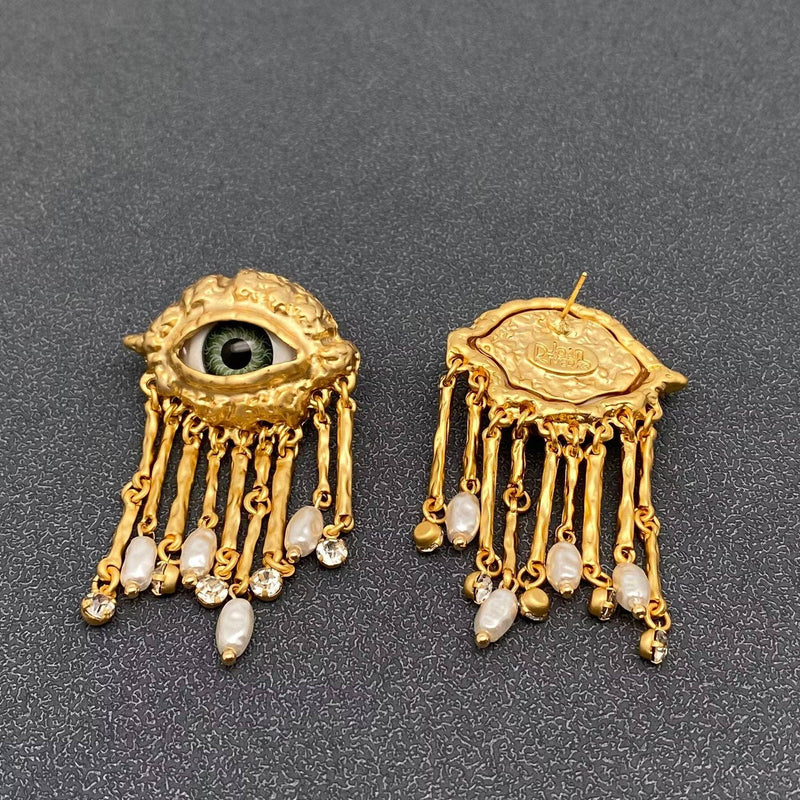 18k Gold Plated Evil Eye Pearl & CZ Metal Tassel Post Earrings