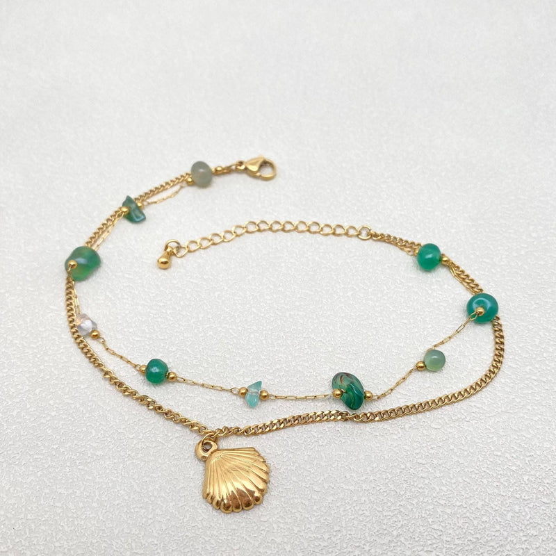 18k Gold Plated Seashell & Stone Stainless Steel Chain Anklet