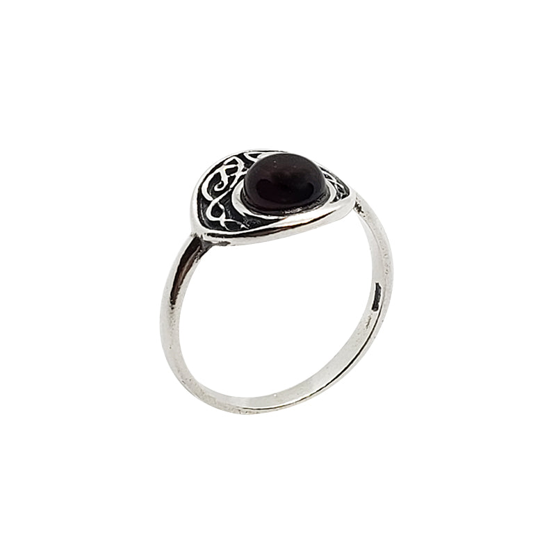 Cherry Amber Celtic Moon Sterling Silver Ring