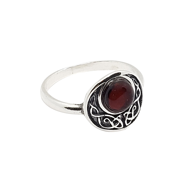Cherry Amber Celtic Moon Sterling Silver Ring