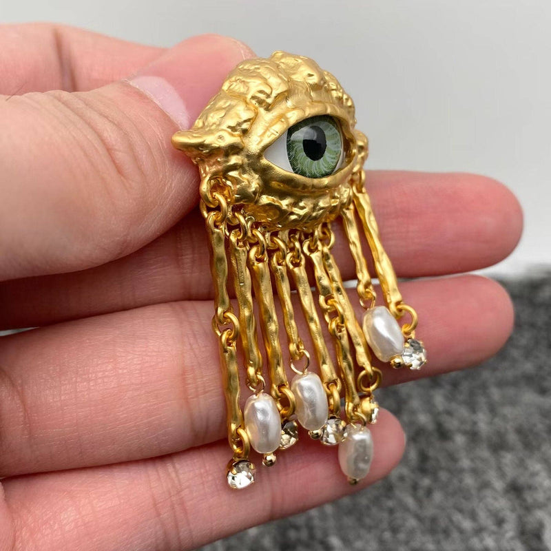 18k Gold Plated Evil Eye Pearl & CZ Metal Tassel Post Earrings