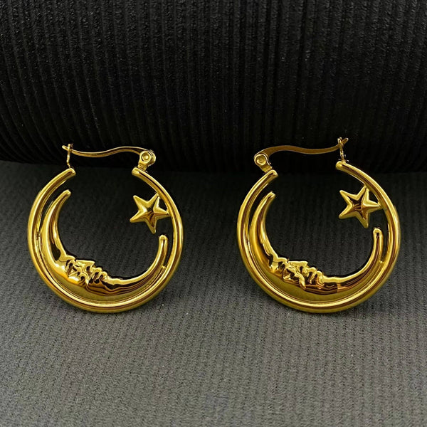 18K Gold Plated Moon Star Hoop Earrings