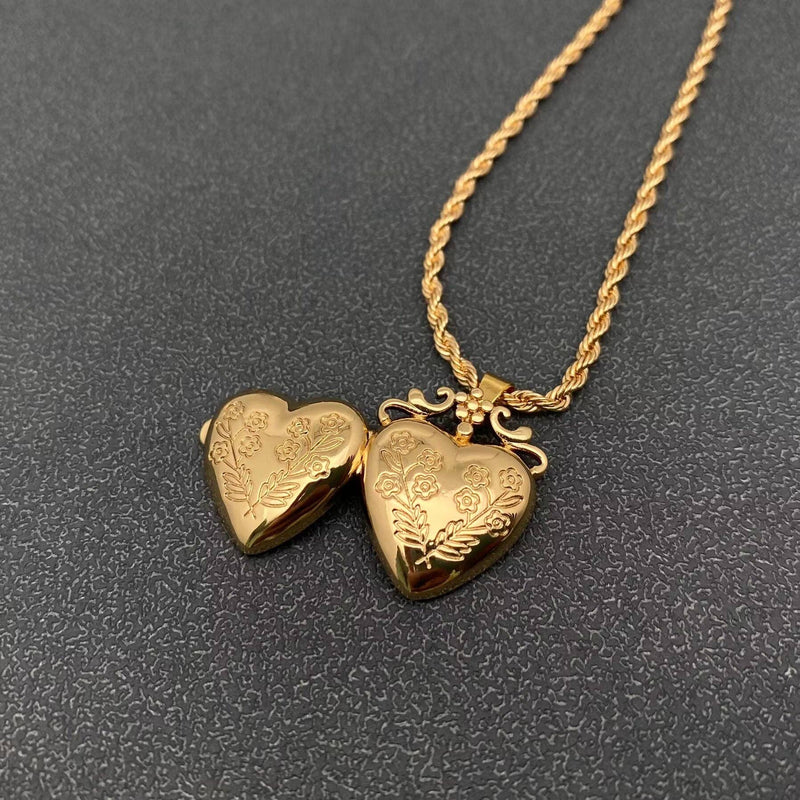 Floral Heart Locket on Rope Chain - 18K Gold-plate