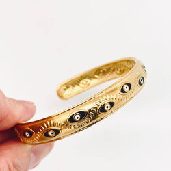 Black Evil Eye Cuff - 18k Gold Plated Steel Bangle