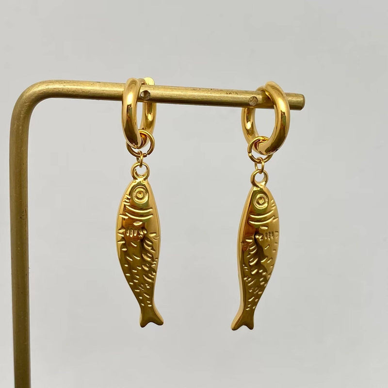 18K Gold Plated Fish Charm Huggie Earrings