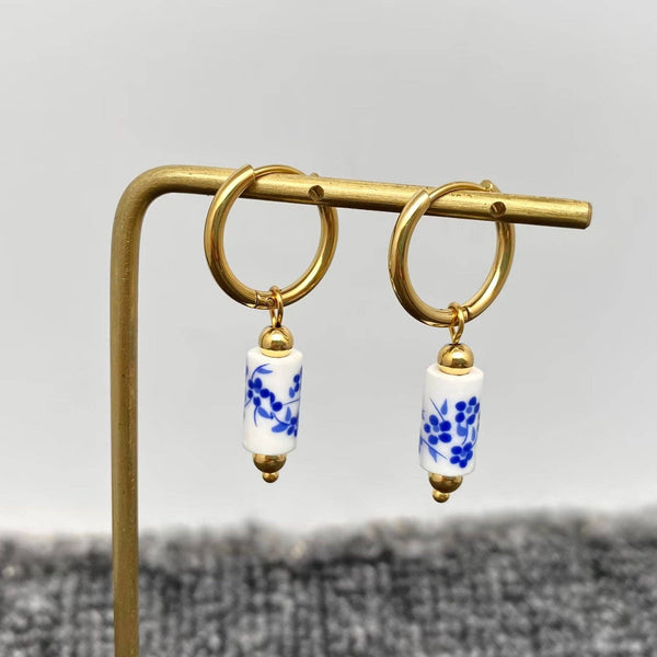 Blue and White Porcelain 18K Gold Plated Huggie Hoop Earrings