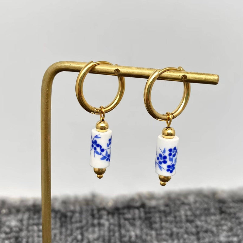 Blue and White Porcelain 18K Gold Plated Huggie Hoop Earrings