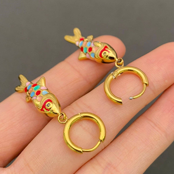 18K Gold Plate Colored Enamel Fish Huggie Hoop Earrings