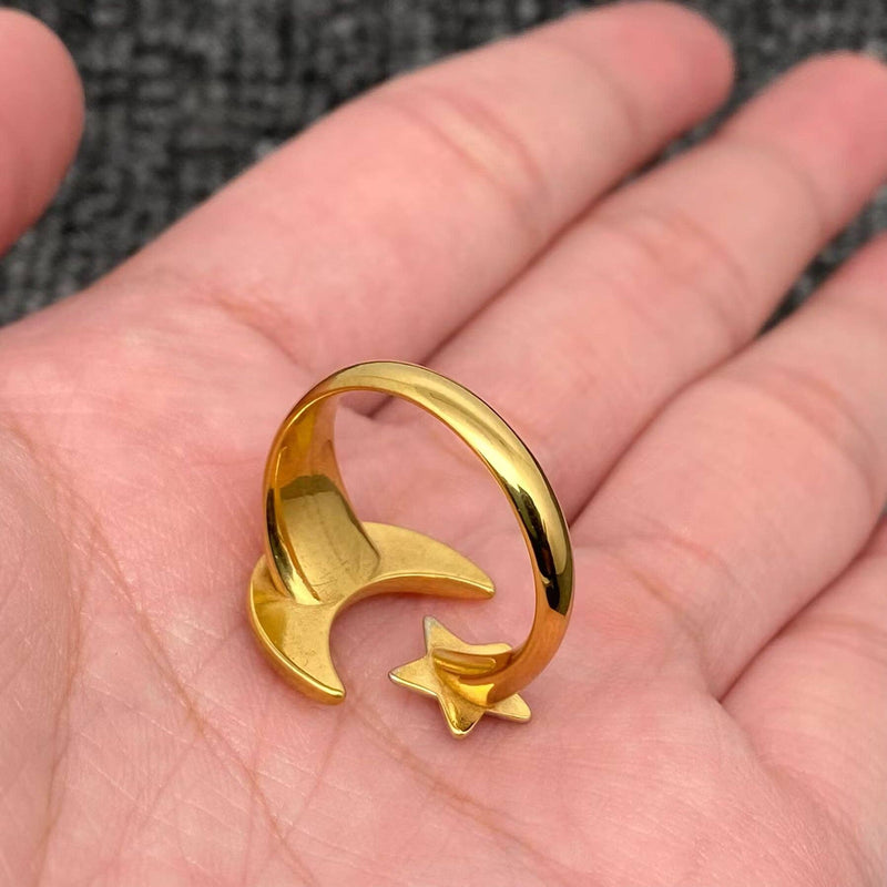 Adjustable 18k Plated Two Tone Star Moon Ring
